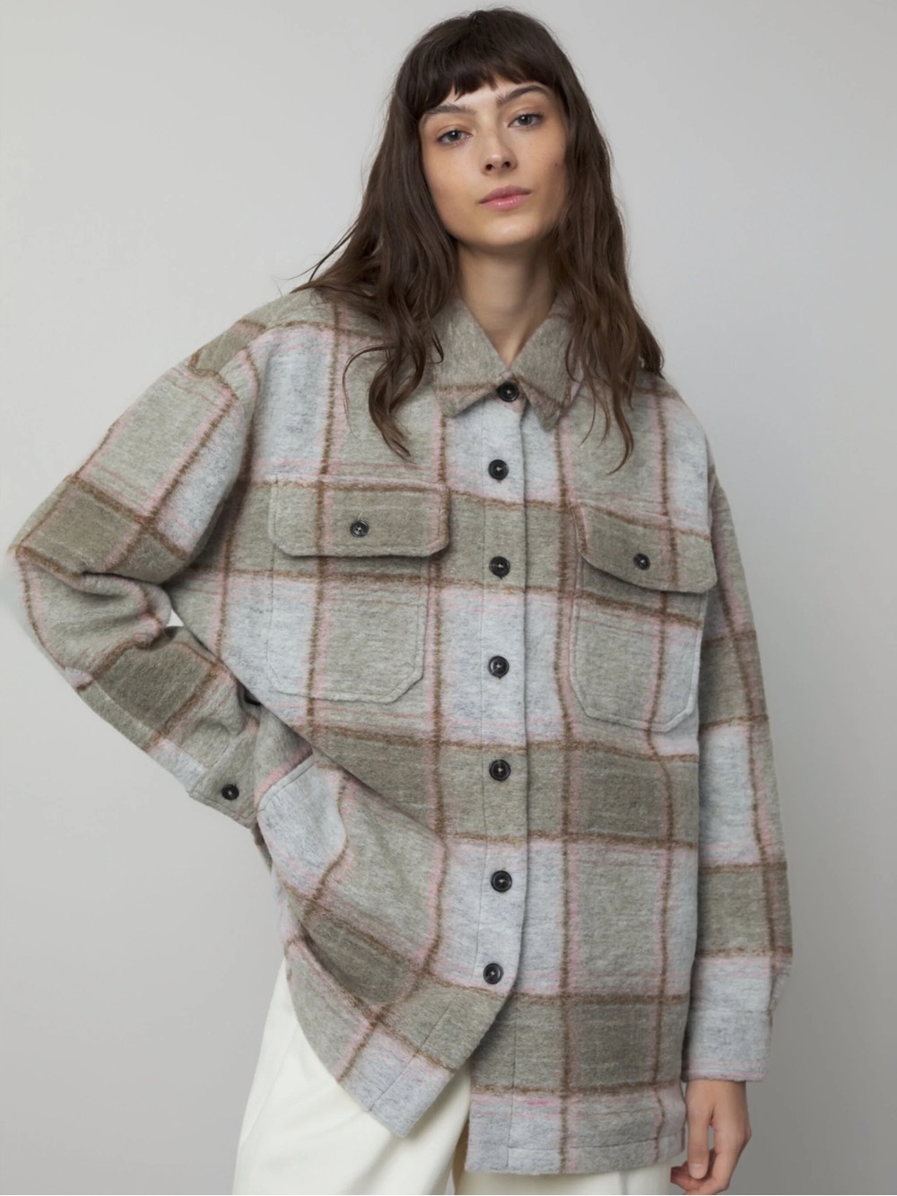 Closed Plaid Utility Shacket Jacket - Taupe & Pink
